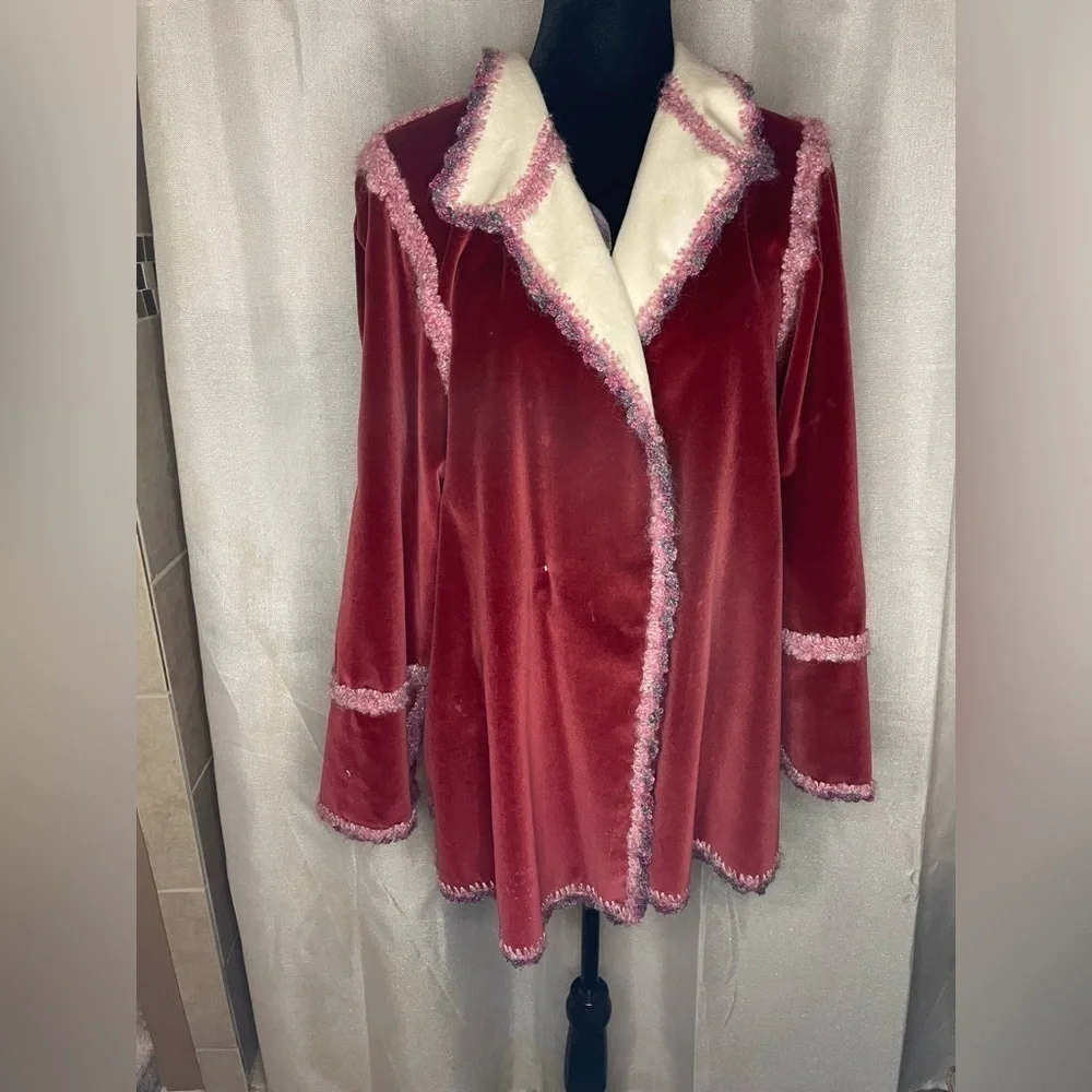 Reversable Bohemian ￼Velvet Burgundy & Off White 2 Tone Women's Jacket sz L-XL  - Picture 2 of 13